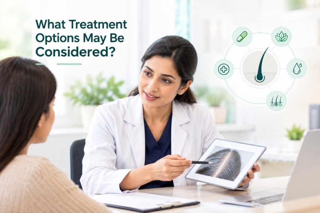 Dermatologist discussing hair loss treatment options with a patient